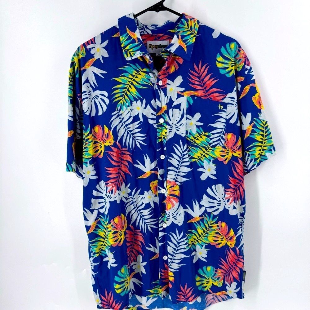 Tipsy Elves Blue and White Casual Button Down Shirt with Tropical Print